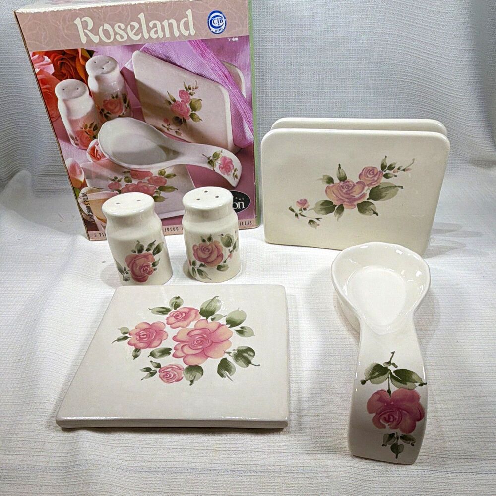 Gibson Everyday Roseland 5 Piece Ceramic Countertop Set Salt Pepper Shakers Box